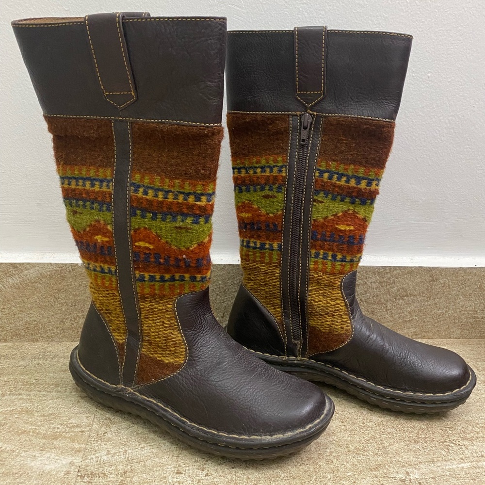 Born Brown Leather and Multicolor Knit Women's Boots